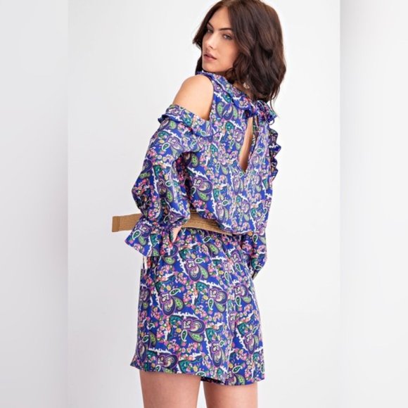 easel | Romper in the Heather Floral Print Cold Shoulder Navy Ruffle New Small - Picture 9 of 13